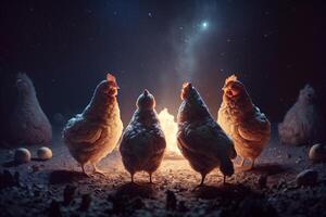 Chickens stargazing in the desert under the moonlight photo