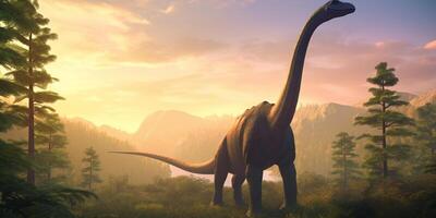 Majestic Giants of the Prehistoric World A Realistic Illustration Showcasing the Brachiosaurus in an Enchanting Prehistoric Landscape photo