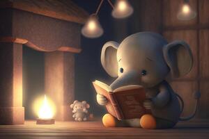 el adorable pequeño elefante perdido en un libro ai generado foto