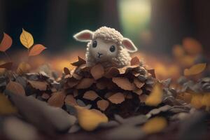 Adorable Sheep in a Pile of Autumn Leaves on a Sunny Fall Day in the Woods photo