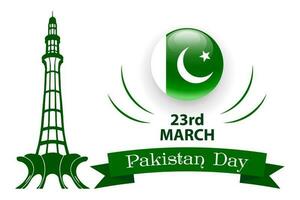 Pakistan Day banner, March 23. The minaret of Pakistan and the flag of Pakistan on a white background. Poster, congratulatory, vector