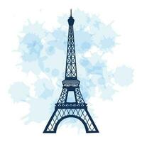 French Eiffel Tower on the background of watercolor stains, blots. Illustration, vector