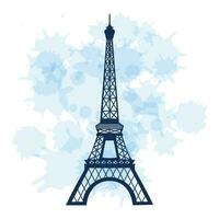 French Eiffel Tower on the background of watercolor stains, blots. Illustration, vector