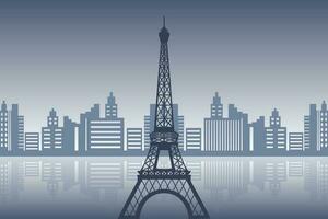 French Eiffel Tower on the background of urban architecture and the river. Illustration, print, vector