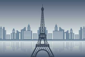 French Eiffel Tower on the background of urban architecture and the river. Illustration, print, vector