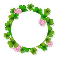 Round white template with colorful clover leaves and flowers, shamrock background. St. Patrick's day illustration, vector