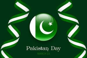 Pakistan day banner, March 23. Round flag of Pakistan and green and white ribbons on a green background. Poster, congratulatory banner, vector