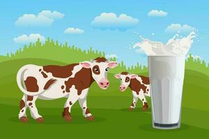 manchado vacas en el prado y un vaso con Leche chapoteo, paisaje. póster, bandera, ilustración, vector