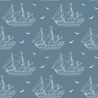 Seamless pattern, white sea ship, frigate, caravel with seagulls on a blue background. Marine background, line art, vector