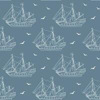 Seamless pattern, white sea ship, frigate, caravel with seagulls on a blue background. Marine background, line art, vector