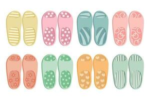 A set of colorful rubber flip flops in different colors. Illustration of summer shoes, top view of slippers. Pool shoes. Flat design. Icons, vector