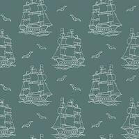 Seamless pattern, white sea ship, frigate, caravel with seagulls on a blue background. Marine background, line art, vector