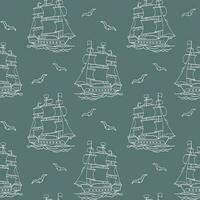 Seamless pattern, white sea ship, frigate, caravel with seagulls on a blue background. Marine background, line art, vector