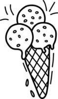 Vector ice cream for coloring books. Cute cartoon illustration of ice cream, hand-drawn. Illustration of a waffle cone. Cute vector black and white illustration of ice cream.