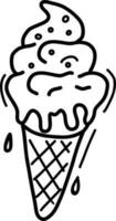 Vector ice cream for coloring books. Cute cartoon illustration of ice cream, hand-drawn. Illustration of a waffle cone. Cute vector black and white illustration of ice cream.