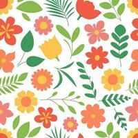 Seamless pattern with flowers, leaves and branches. Floral background with different flower heads, green foliage and plants. Botanical texture. Vector flat illustration on white