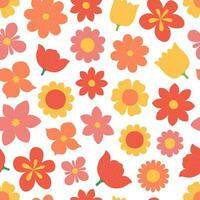 Seamless pattern with colorful flowers. Floral background with different flower heads. Botanical texture. Vector flat illustration on white