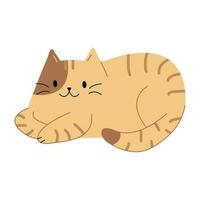 Cute ginger cat in a reclining pose. Vector illustration of a funny striped cat. Domestic cat lying down. Hand drawn kitten. White isolated background.