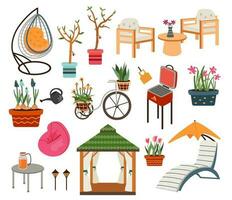 Garden Furniture. Large vector set of leisure objects. Flat backyard elements, summer terrace and patio, outdoor items, wooden table and chairs, spring flowers and planters, barbecue, garden decor.