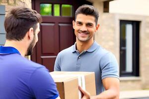 Delivery man delivering parcel to customer Delivery service concept. photo
