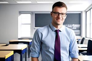 Portrait of a teacher smiling at classroom. . photo