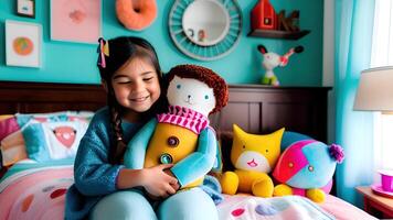 cute little girl hugging doll and smiling. photo