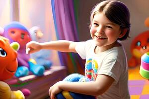 happy kid playing a toys in kid room. . photo