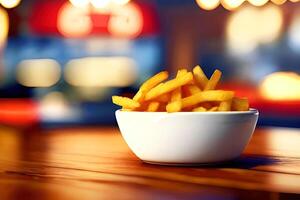 French fries with ketchup on a wooden table. Selective focus. photo