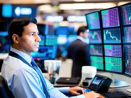 businessman in stock exchange trading room. . photo