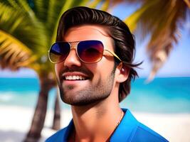 Handsome young man on tropical beach. Summer vacation. photo