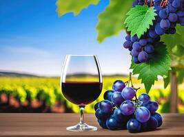 glasses of red and white wine with grapes on vineyard background. . photo