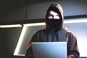 unrecognizable male hacker in dark neon room. photo