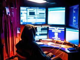 unrecognizable male hacker in dark neon room. photo