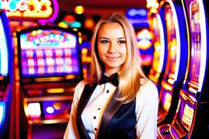 retrato de un sonriente joven mujer jugando espacio máquina a casino. generativo ai. foto