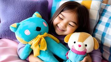 cute little girl hugging doll and smiling. photo