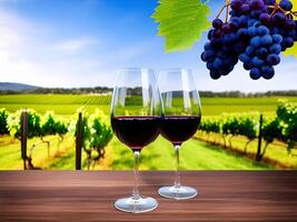 glasses of red and white wine with grapes on vineyard background. . photo