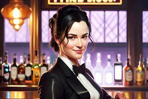mujer trabajando como un barman en un Club nocturno. generativo ai. foto