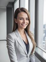 retrato de sonriente joven mujer de negocios en oficina, generativo ai. foto