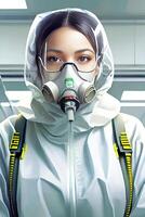 mujer en un materiales peligrosos protector traje y gas mascarilla. generativo ai foto