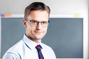 Portrait of a teacher smiling at classroom. . photo