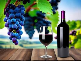 glasses of red and white wine with grapes on vineyard background. . photo