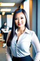 sonriente mujer de negocios con oficina antecedentes. generativo ai. foto