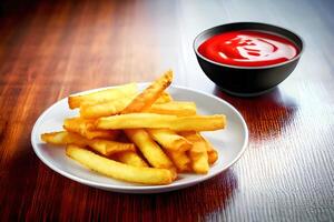 French fries with ketchup on a wooden table. Selective focus. photo