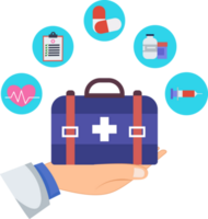 ilustración médico participación medicina bolso y médico herramientas. ilustración de un médico mano participación un medicina bolso png