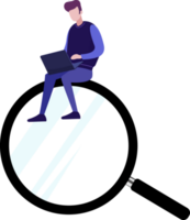 concept of searching for information on the internet. a man with a laptop is sitting on a large magnifying glass png