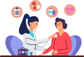 illustration av en kvinna läkare granskning en patient i en klinik. illustration av en kvinna patient kontroll henne hälsa till de läkare png