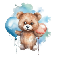 acuarela osito de peluche oso con globos ilustración ai generativo png