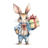 Watercolor rabbit with gift box. Illustration png