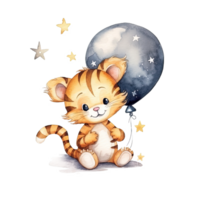 Cute baby tiger watercolor. Good night. Illustration png