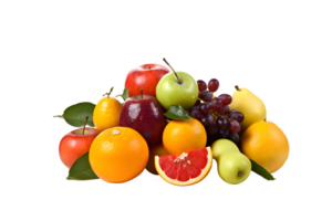 colorato assortimento di fresco frutta, Compreso mele, arance, e uva, disposte su un' trasparente sfondo. ai generato png